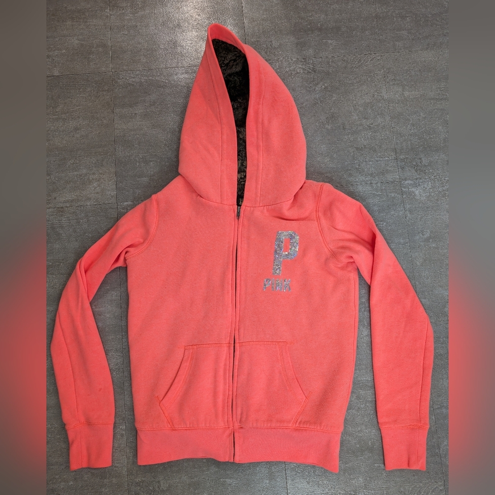 Victoria's Secret Coral Sequence Hoodie XS PINK Full Zip Fur Lined Jacket
